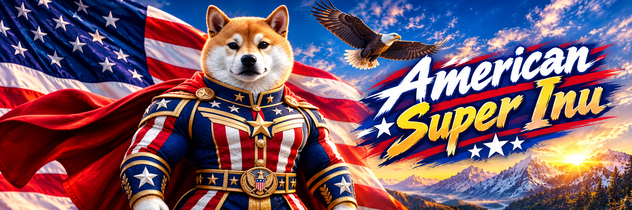 American Super Inu standing above a glowing Solana skyline
